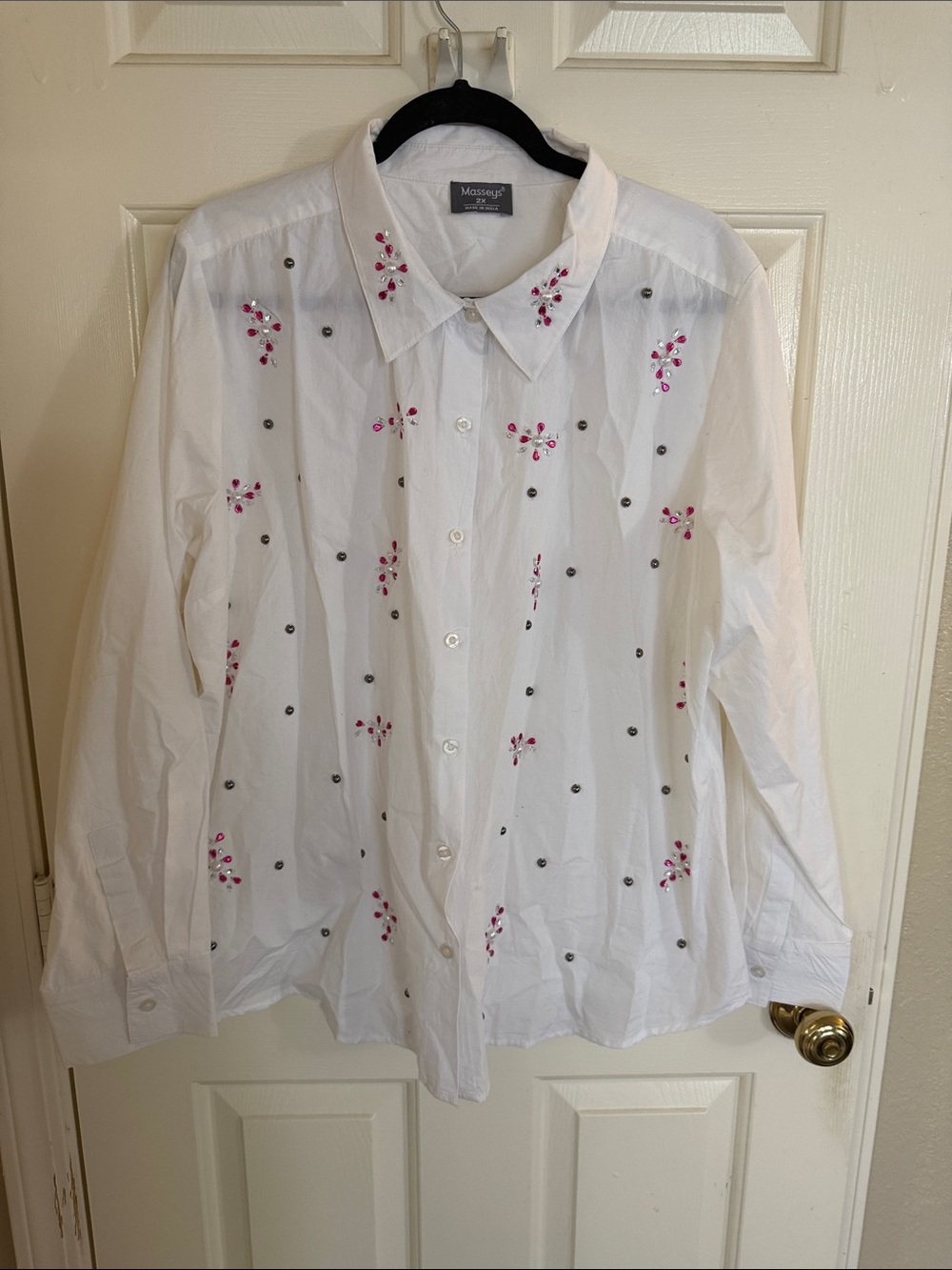 White Button-Down Shirt with Pink Beaded Floral Accents